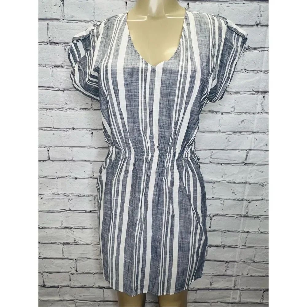 J. Crew Womens Blue White Striped V-Neck Cotton Elastic Waist Dress Size Small